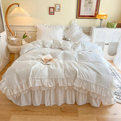 Yickyue Egyptina Cotton Bedding Set Luxury Pink Lace Ruffle Duvet Cover Bedspread Bed Skirt Pillowcases Korean Princess Home Textile