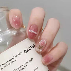 24pcs Coffin False Nails Pretty White Flower With Pearls Designs Ballerina Fake Tips Press On Artificial Full Cover Manicure