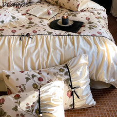 YICKYUE  -  French Vintage Bow Egyptian Cotton Queen King Bedding Sets Flower Digital Printing Bed Linen Duvet Cover Bed Sheet Pillowcase#/L