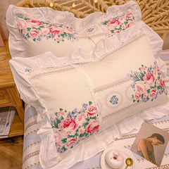 Cilected 100% Cotton Pillowcase Nordic Ins Flower Printing Lotus Leaf Lace Pillow Core Protection Cover Bedside Cushion Cover