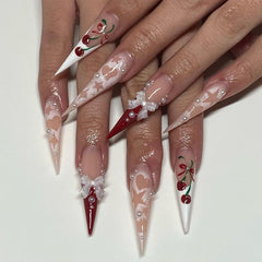 YICKYUE  -  24pcs Super Long Tip Cherry Pink French Fake Nails With Hollow Star Love Design Press On Nails Stiletto 3D Bow Pearl False Nails
