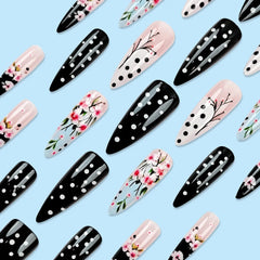 YICKYUE  -  24pcs Chinese Wintersweet Press on Nails Black White Dot Printed Fake Nail Tips for Girl Women Wearable Long Almond False Nails