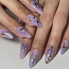 YICKYUE  -  Purple Halo Dying Silver Flame Design Almond Shape Fake Art Nail Detachable Finished False Nail Tip Press on Nail Glue Manicure
