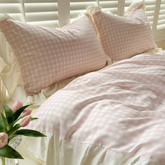 YICKYUE  -  4pcs  Korean lace Duvet Cover Set (1*Duvet Cover +1 flat sheet + 2*Pillowcase, Without Core), Pink checkered print Bedding Set