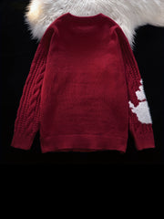 Hearujoy 1pc Retro Dragon Pattern Deer Plush Twist Texture Polyester Sweater, Casual Round Neck Loose Fit, Adult Unisex, Contrast Color, Knitted Fabric, for Autumn/Winter Season