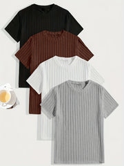 HEARUJOY  -  Men's 4pcs Casual T-Shirts - Ribbed, Multi-Color, Stretchy Polyester & Elastane Blend for Everyday Comfort