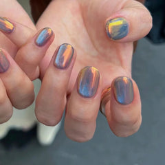 YICKYUE -  Phototherapy Aurora Cat's Eye Fake Nails Press On Glitter Decor Wearing Nail Art Short Square False Nails Finished Nail Tips