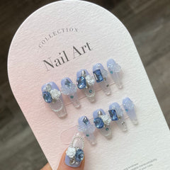 Yickyue 10Pcs Set Blue Handmade Press On Nails Snowflakes Ballet with Rhinestones False Nails Decoration Manicure Fake Nails Tips Art