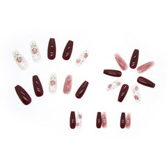 24pcs Long Coffin Ballet Fake Nails Red Rose Pattern Artificial Nail Black Style Gradient Color False Nail Patches For Girl
