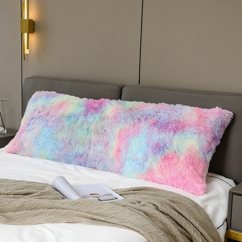 Super Soft Long Plush Bed Pillows Cover Rainbow Colorful Winter Warm Fleece Pillowcase Side Zipper Fluffy Sleeping Pillow Case