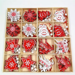 Yickyue Christmas Decoration Supplies Wooden Pendant 4 Grid Boxed Elk Bell Snowflake Wooden Pendant Tree Ornaments