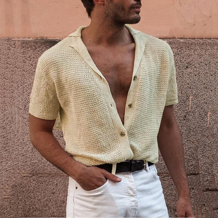 Hearujoy Summer Newest Men Short-sleeved Knitted Polo Blouse Tees Cardigan Vintage Casual Lapel Breathable Ice Silk Shirt Sweater T-Shirt