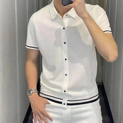 Hearujoy Light Lluxury Solid Patchwork Striped Shirt For Men Fashion Square Collar Short Sleeve Cardigan Tops Summer Slim Fit Polo Shirts