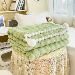 Yickyue Faux Fur Autumn Winter Warm Blanket with Plush Ball Edge High End Comfortable Warmth Blankets for Beds Sofa Blanket for Throw