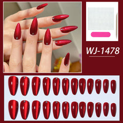 YICKYUE   -  24pcs/box burgundy cat eye fake nails nail art patches wearable nails press-on nails ins suitable for women girls students pregn