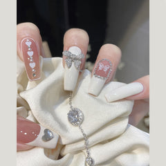 24PCS Japanese Press On Nails Box Silver Ladder drill extended round head Full drill Manicure patch removable False nails TY