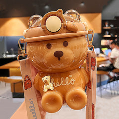 1000 ML Kawaii Bear Kids Straw Water Bottle For Girls Portable Strap Large Plastic Bottles BPA Free School Drinking Water Cup