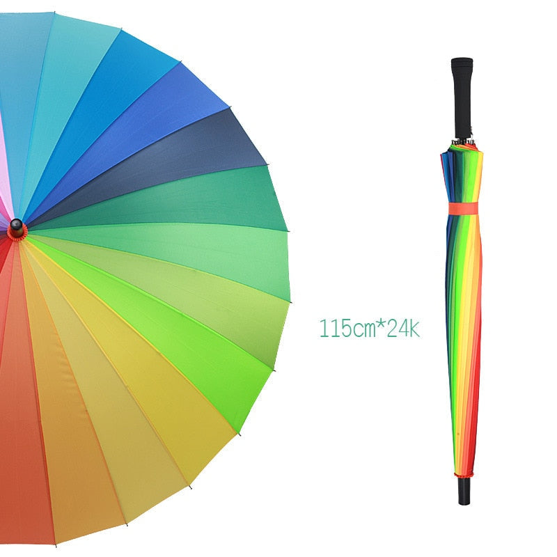 24K Rib Colorful Rainbow Fashion Long Handle Umbrella For Women Straight Anti-Uv Sun/Rain Stick Umbrella Manual Lady Big Parasol