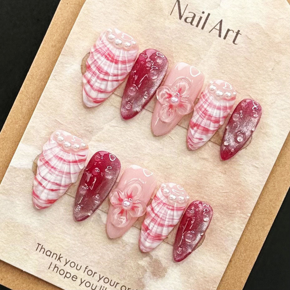YICKYUE   -  10pcs Handmade Press on Nails Ins 3D Flower Shell Design False Nail Full Cover Wearable Pink Cat Eye French Almond Fake Nails