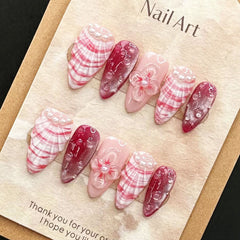 YICKYUE   -  10pcs Handmade Press on Nails Ins 3D Flower Shell Design False Nail Full Cover Wearable Pink Cat Eye French Almond Fake Nails