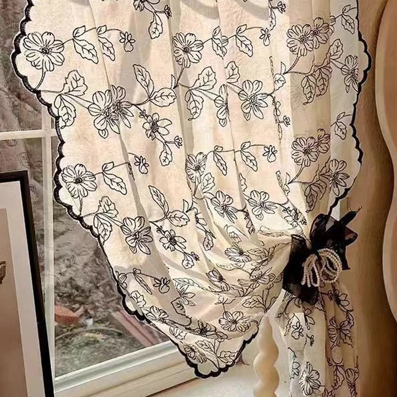 YICKYUE  -  Cotton Blend Curtains Floral Embroidery Curtains for Living Room Black Printed Curtains Rod Pocket Farmhouse Decor Window Drapes