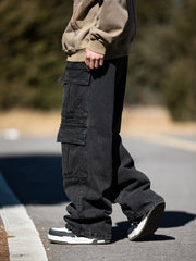 Hearujoy Men's Solid Cargo Pants With Multi Pockets, Causal Cotton Blend Trousers For Outdoor Activities K-pop