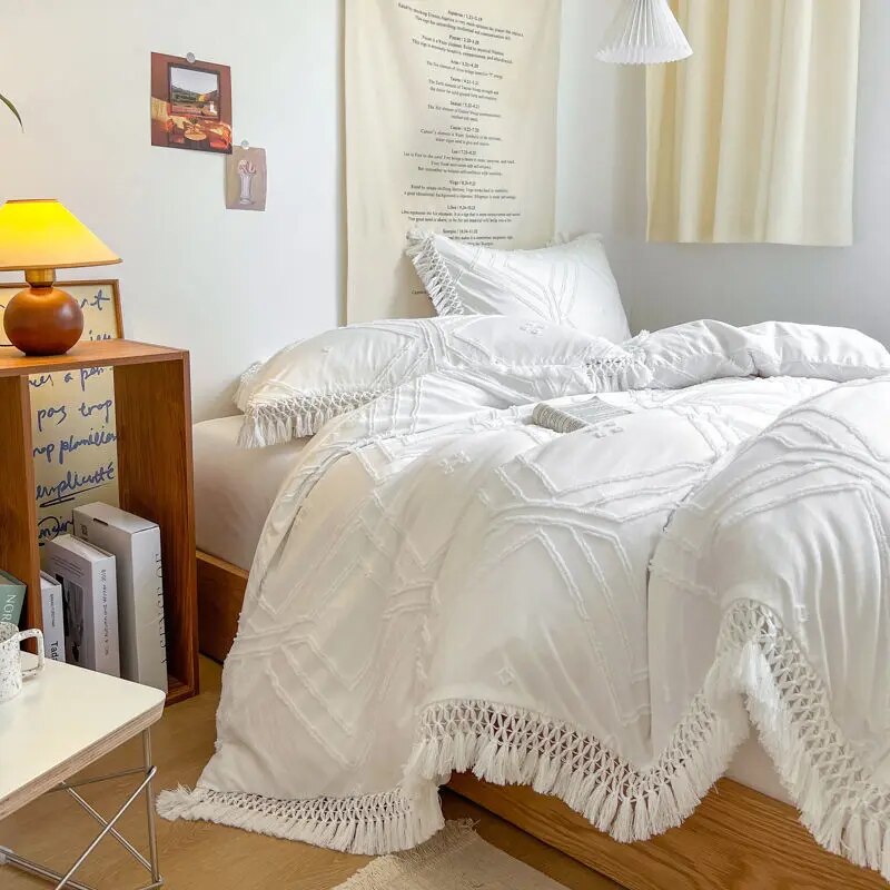 Yickyue Soft Cotton Textured Duvet Cover Set with Tassel Fringe Boho Chic Bedding sets Twin Queen Comforter Cover Bed Sheet Pillowcases