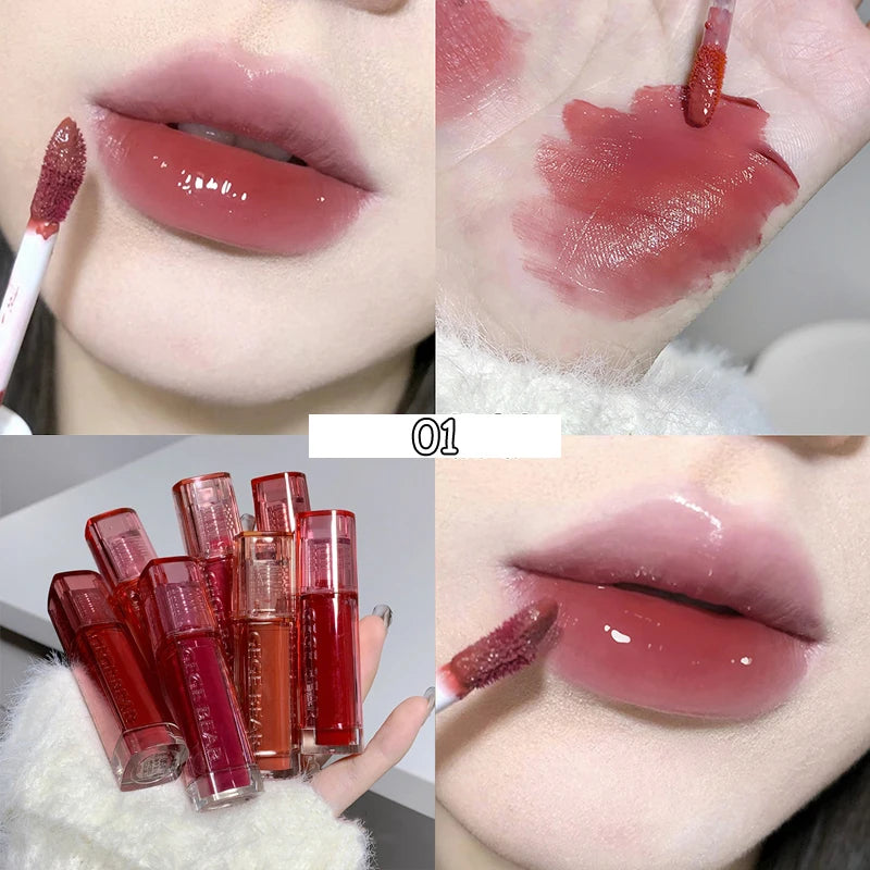 YICKYUE  -  Mirror Water Glossy Lip Glaze Crystal-frozen Glossy Clear Lip Gloss Black Tea Red Liquid Lipstick Doodle Lips Korean Makeup
