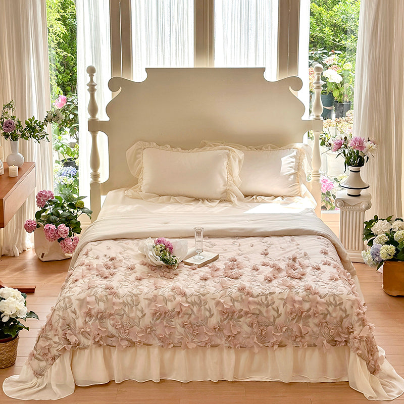 YICKYUE  -  French Romantic Lace Ruffles Princess Lyocell Eucalyptus Fiber Summer Quilt Bedding Set Summer Comforter Pillowcases Bed Sheet