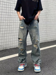 Hearujoy Baggy Ripped Cotton Jeans, Men's Casual Street Style Distressed Denim Pants For Spring Summer K-pop