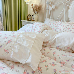 YICKYUE  -  Double Layer Yarn 100% Cotton Floral Print Pleat Lace Ruffles Bedding Set,1 Duvet Cover,2 Pillowcases,1 Flat sheet, Without Core