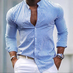 Hearujoy Fashion Men's Striped Shirt Spring Autumn Long Sleeve Stand Neck Oversize Loose Tops Casual Youth Shirts Clothing For Mens