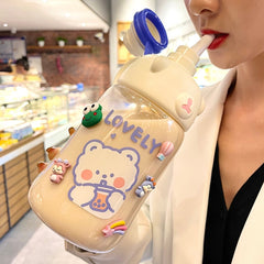 Kawaii Jumbo Bear Water Bottle With Straw Sticker Sport Plastic Outdoor Portable Juice Milk Big Drinking Bottles Jug  BPA Free