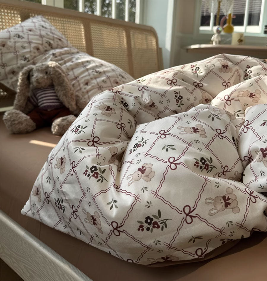 YICKYUE  Cute vintage rabbit flower bow bedding set kid,twin full queen retro brown cotton home textile bed sheet pillow case quilt cover