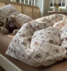YICKYUE  Cute vintage rabbit flower bow bedding set kid,twin full queen retro brown cotton home textile bed sheet pillow case quilt cover