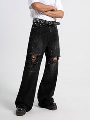 Hearujoy [Distressed Men's Street Jeans Designs] Men's Jeans With Distressed Designs On The Street, Men's Ins Street Dance Skateboard, Loose Straight Leg Casual Denim Pants