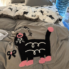 YICKYUE  -  Cartoon Embroidered Cat Bedding Set Four Piece Set Washable Cotton Sleep Naked Beds Sheet Duvet Cover Student Three Piece Set