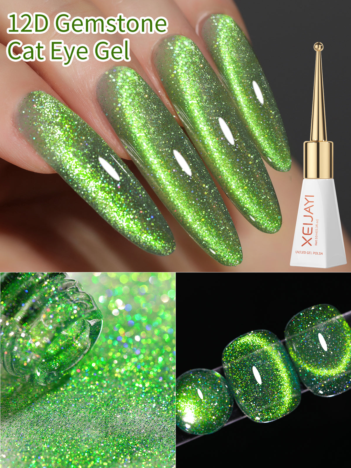 YICKYUE  -  1pc 10ML Green Cat Eye Gel Nail Polish  Magnetic Gel Nail Polish Soak Off UV LED Nail Polish For Home Salon Nail Art DIY For