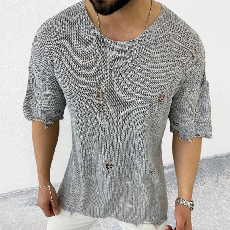 Hearujoy Summer Men Sweater Thin Short Sleeve O-neck Knitted T-shirt Tops Casual Hollow Loose Knit Shirt Pullover Male Streetwear