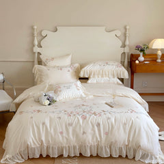 Yickyue - Romantic 100s Pure Cotton Flower Embroidery White Bedding 4 Pcs Set