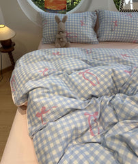 YICKYUE  -  Fashion lovely blue plaid bow bedding set 1.2 1.5 1.8,twin full queen sweet cotton home textile bed sheet pillowcase quilt cover
