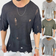 Hearujoy Summer Men Sweater Thin Short Sleeve O-neck Knitted T-shirt Tops Casual Hollow Loose Knit Shirt Pullover Male Streetwear
