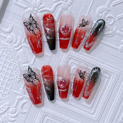 YICKYUE  -  Dark Style Personalized Butterfly Nail Art Red Black Coffin Shaped Press On Nails Halloween Gift for Girls