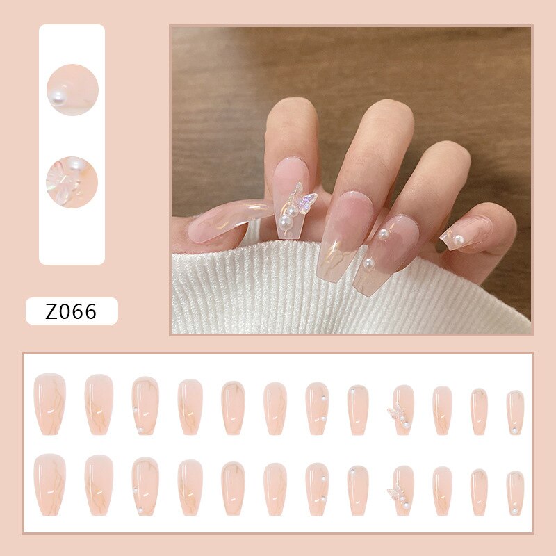 24pcs False Nail Detachable Finger Nail Butterfly Wholesale Pearl  Long Ballerina False Nails With Design Wearable Fake Nails