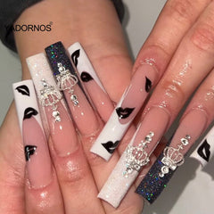 24PCS Long Press on Nails Cute Black Lip Print Full Coverage Artificial Nails Finished Nail Piece 24PCS Best Gifts Fake Nails TY