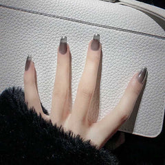 24pcs fake nails french manicure Silver French False nails Detachable gauze Manicure patch press on nails coffin