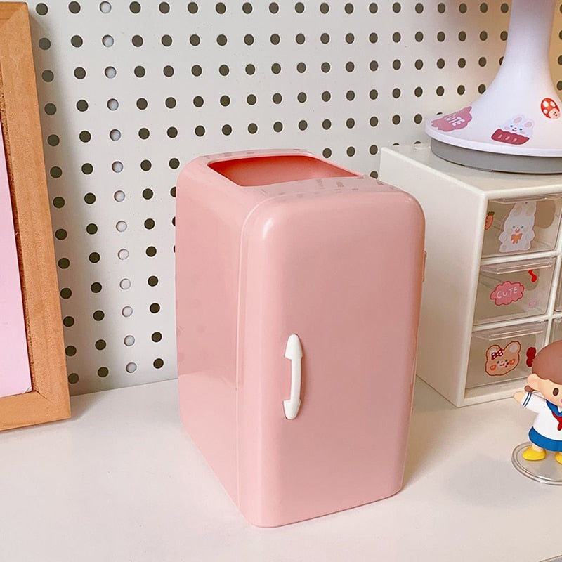 Cute Mini Fridge Pen Holder With Sticker Kawaii Plastic Creative Desk Organizer For Pens Makeup Brush Home Office Storage Box