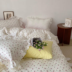 Yickyue 100% Cotton Vintage Rose Flowers Ruffled Duvet Cover Set for Girls Twin Queen 3/4pcs Machine Washable Breathable Bedding set