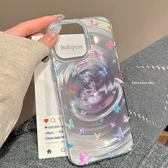 YICKYUE  -  Korean Swirl Butterfly Phone Case For iPhone 16 Pro 15 14 11 12 13 Pro Max Luxury Stylish Vortex Laser Shockproof Bumper Cover
