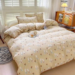 Yickyue Color Pastoral Style Bedding Set Boys Girls Twin Queen Size Duvet Cover Flat Sheet Pillowcase Bed Linen Kids Adult Fashion Home